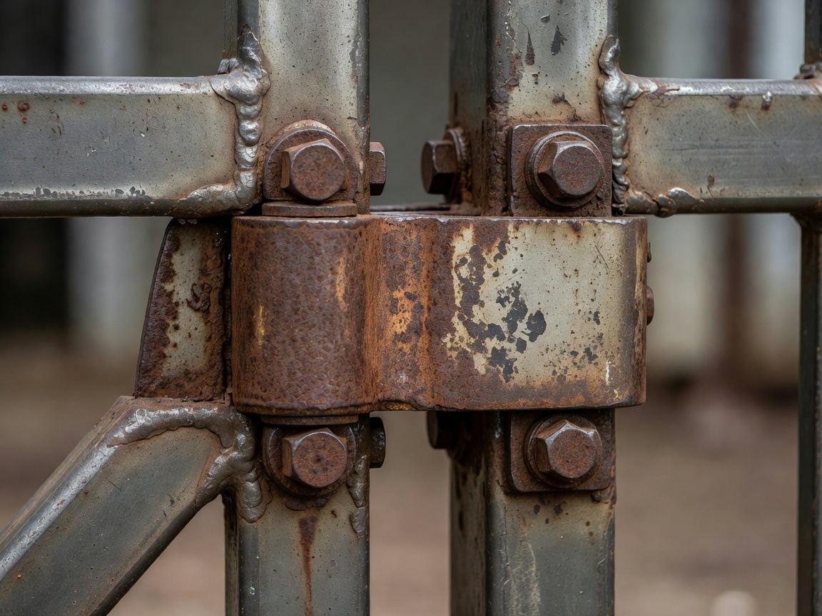 Close-up of realistic gate hinge and frame