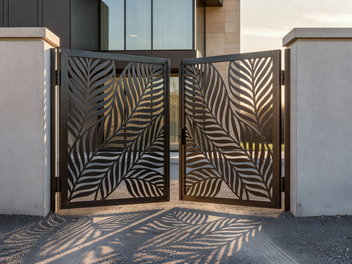 Minimalist dual-leaf swing gate in architectural steel