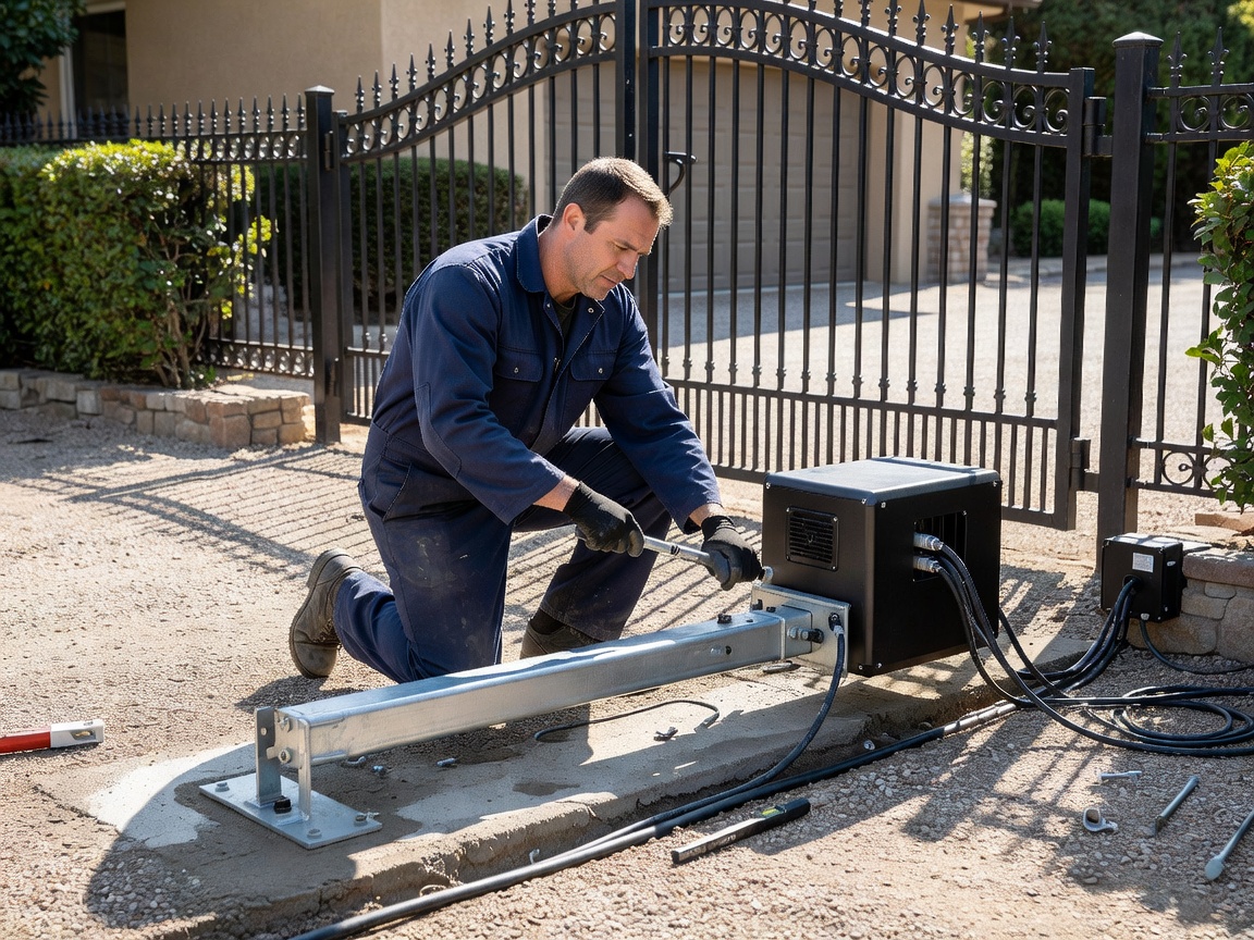 Gate automation technician during installation