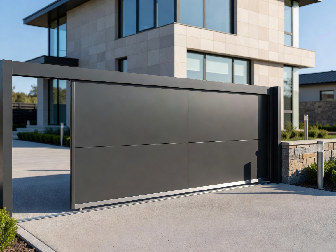 Modern powder-coated sliding driveway gate installed at contemporary residence
