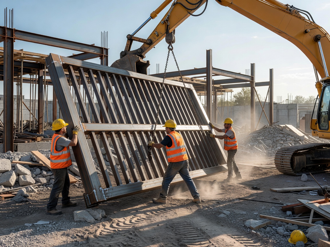 Steel gate installation during construction